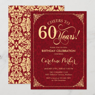 60. Geburtstag - Gold Red Damask Einladung