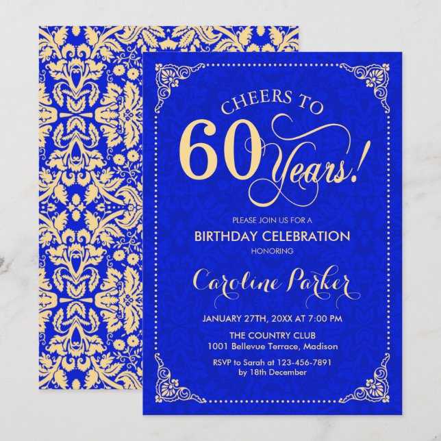 60. Geburtstag - Gold Royal Blue Damask Einladung (Vorne/Hinten)