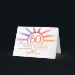 60. Geburtstag - handgezeichneter mehrfarbiger Son Karte<br><div class="desc">60. Geburtstagskarte. Alter 60, mehrfarbiger Radialsonnenbrand und kleine Blume - hell, handgezeichnet, in Fotoshop farbig. Anpassbarer Text: auf der Vorderseite der Karte: Happy Birthday und Name. Anpassbarer Text: Insider-Karte: Herzlichen Glückwunsch zum 60. Geburtstag. Sie können den Text nach Belieben bearbeiten oder löschen, indem Sie auf "Diese Vorlage personalisieren" klicken. Weitere...</div>