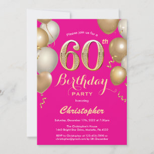60. Geburtstag Hot Pink und Gold Balloons Confetti Einladung