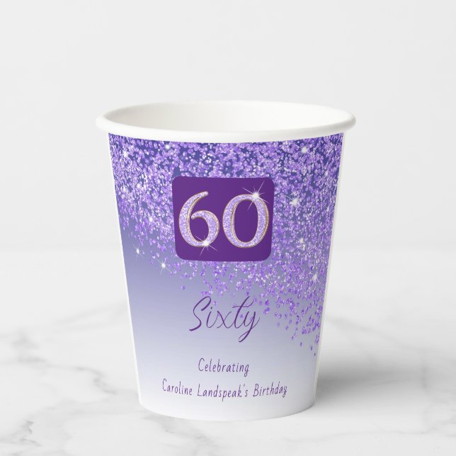 60. Geburtstag Klasse Falling Lila Glitzer Pappbecher (Vorderseite)