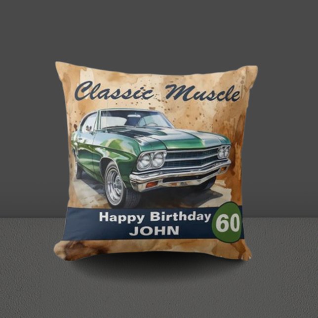 60. Geburtstag, klassisches Muskelauto Kissen (Celebrate in style with our classic green muscle car illustration! )