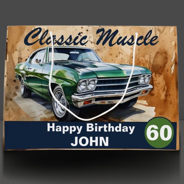 60. Geburtstag, klassisches Muskelfahrzeug Große G Geschenktüte (Rev up your celebration with our classic green muscle car illustration! )