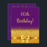 60. Geburtstag lila Goldbogen elegant Einladung<br><div class="desc">Elegante,  klassische,  glamouröse und feminine Party Einladung. Ein Imitat goldfarbenes Band und Bogen. Lila,  violette Hintergrundfarbe. Mit dem Text: 60th Birthday! vor dem Fügen Sie Ihre Veranstaltungsdetails auf der Rückseite.</div>