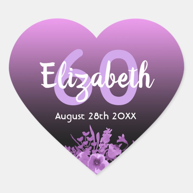60. Geburtstag lila schwarze Blume Herz-Aufkleber (Vorderseite)