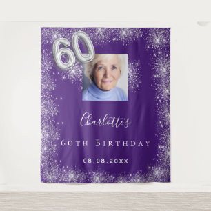 60. Geburtstag lila silbernes Foto Glitzer Empfang Wandteppich