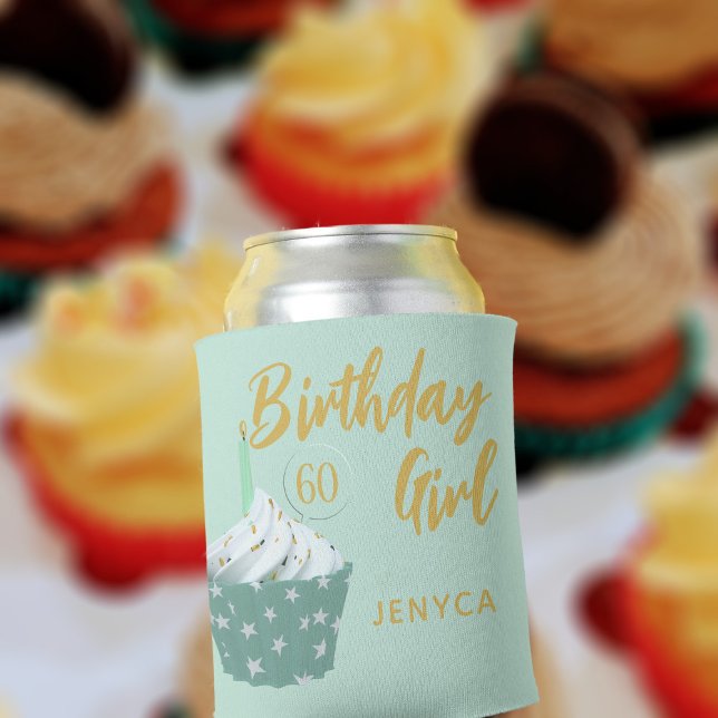 60. Geburtstag Mädchen Niedlich Cupcake Green Can  Dosenkühler (Add your name and age to this cute mint green cupcake themed can cooler)