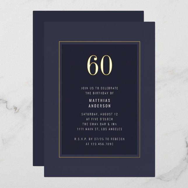 60. Geburtstag Minimal Elegant Dark Gold Frame Folieneinladung (Vorderseite/Rückseite)