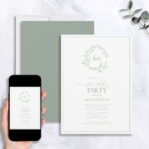 60. Geburtstag Modern Sage Green Leafy Wappen Einladung