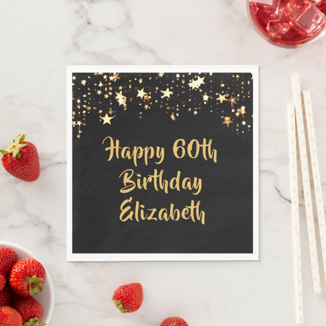 60. Geburtstag Moderne Black Gold Stars Name Serviette (Beispiel)