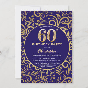 60. Geburtstag Navy Blue and Gold Floral Muster Einladung