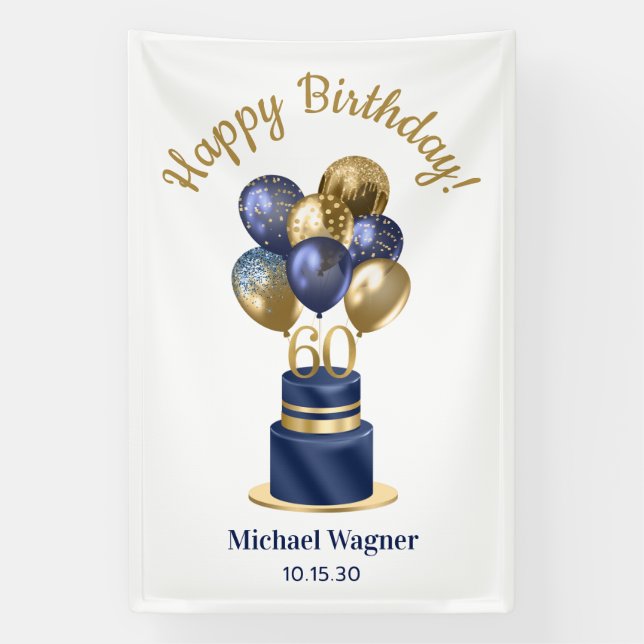 60. Geburtstag Navy Blue Balloon Cake Banner (Vertikal)