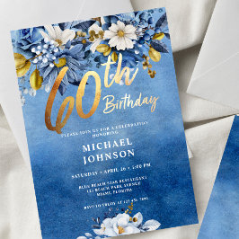 60. Geburtstag Navy Blue und Gold Floral Einladung