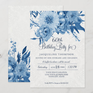 60. Geburtstag Navy Blue White Chintz Damask Flora Einladung