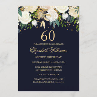 60. Geburtstag Navy Gold Floral Einladung