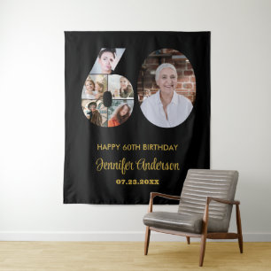 60. Geburtstag Nummer 60 FotoCollage Modernes Schw Wandteppich