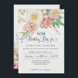60. Geburtstag Pastel Blush n Weiß gestrichene Blü Einladung<br><div class="desc">Anpassen des Geburtstagsjahres (oder Löschen von Informationen im Vorlagenfeld). Die Birthday Party Invitation Suite mit passenden Produkten, verfügt über einen handgemalten pastellfarbenen rosa, weißen und blauen Garten mit Blumen und eucalyptus Blätter auf einem weißen Spitzen-Look Damask Hintergrund. Schöner handgeschriebener Kalligrafie-Schriftart-Text mit Swash und alle Texte in Marineblau (Nachricht uns, wir...</div>