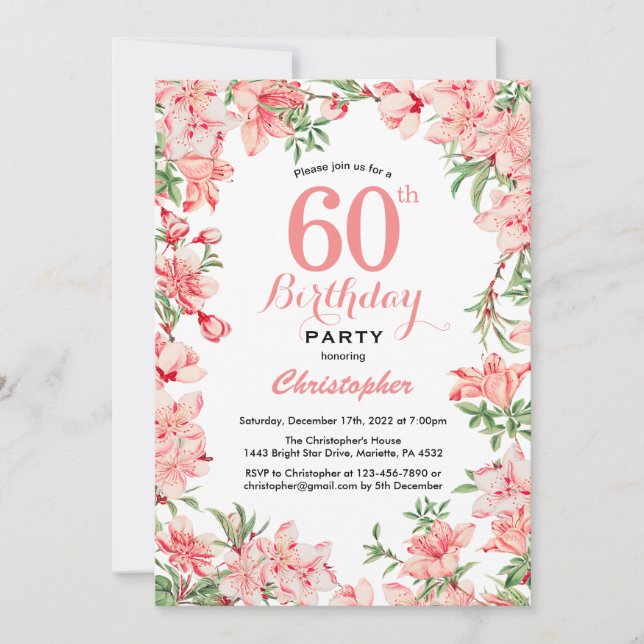 60. Geburtstag Pink Boho Botanische Blume Einladung (Vorderseite)