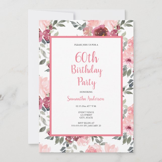 60. Geburtstag Pink Floral Einladung (Vorderseite)