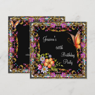 60. Geburtstag Pink Floral Schmetterling Gold Schw Einladung