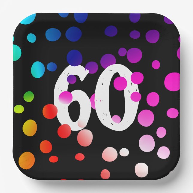 60. Geburtstag Rainbow Dots auf Black Pappteller (Vorderseite)
