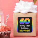 60. Geburtstag: Rainbow Spectrum # 60, Individuell Quadratischer Aufkleber<br><div class="desc">Dieses lebendige und kühn zum Geburtstag gestaltete Quadrat-Aufkleber-Design weist eine große Zahl "60" mit einem farbenfrohen Regenbogenspektrum inspirierten Farbverlaufsmuster auf, zusammen mit der Meldung "Happy 60th Birthday" und einem personalisierten Empfängernamen. Sticker wie diese können in einem Party für jemanden verwendet oder ausgegeben werden, der seinen 60. Geburtstag feiert oder vielleicht...</div>