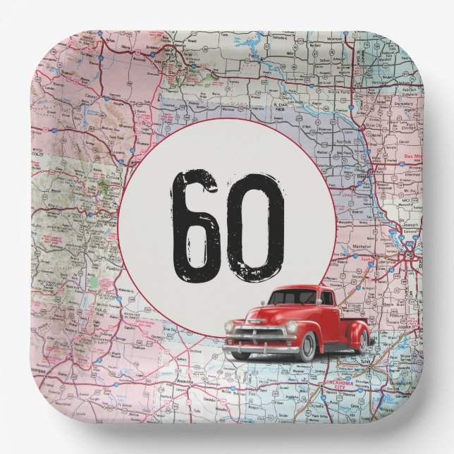 60. Geburtstag Red Retro Truck auf Roadmap Pappteller (Vorderseite)