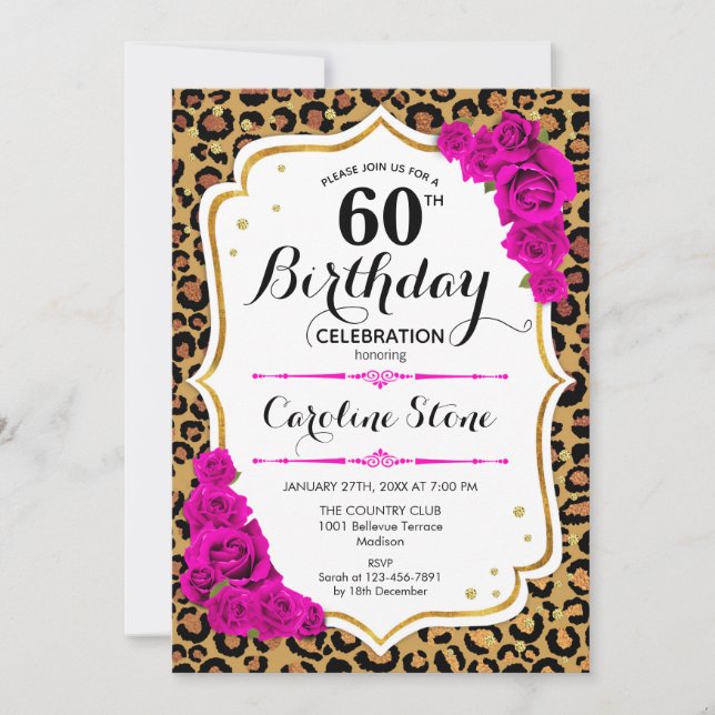 60. Geburtstag - Rosa Gold Leopard Print Einladung (Vorderseite)