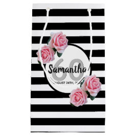 60. Geburtstag rosa Rosen Schwarz-weiße Streifen Kleine Geschenktüte