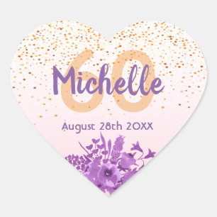 60. Geburtstag Rose Gold lila Blüte Herz-Aufkleber