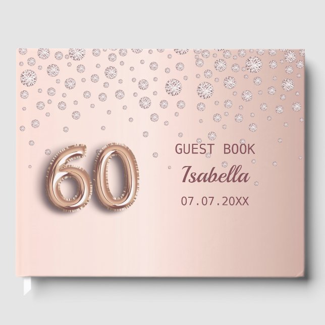 60. Geburtstag Rose Goldrot-Name glamourös Gästebuch (Vorderseite)