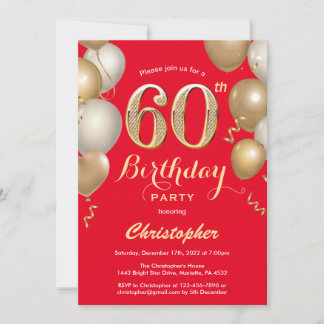 60. Geburtstag Rot und Gold Balloons Confetti Einladung