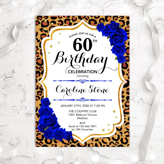 60. Geburtstag - Royal Blue Gold Leopard Print Einladung (Von Creator hochgeladen)