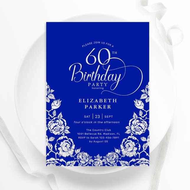 60. Geburtstag Royal Blue Silver Rose Einladung (Von Creator hochgeladen)