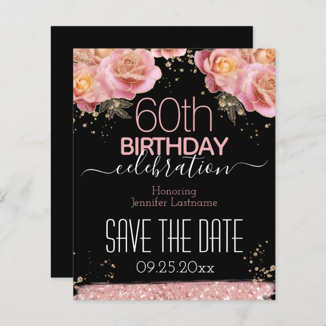 60. Geburtstag Save the Date rosa Blumenbudget (Vorne/Hinten)