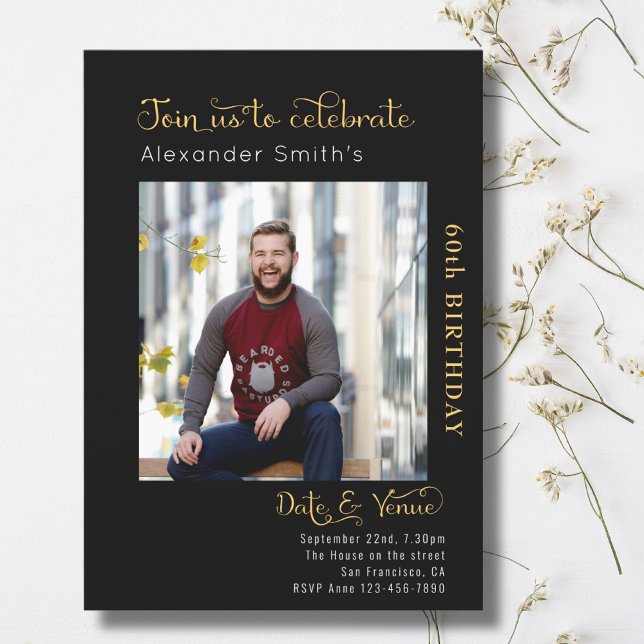 60. Geburtstag schwarz Einladung (60th birthday personalized black and gold party invitations with photo)