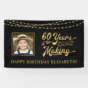 60. Geburtstag Schwarz-Gold-String-Lights-Foto Banner