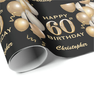 60. Geburtstag Schwarz und Gold Glitzer Ballons Geschenkpapier