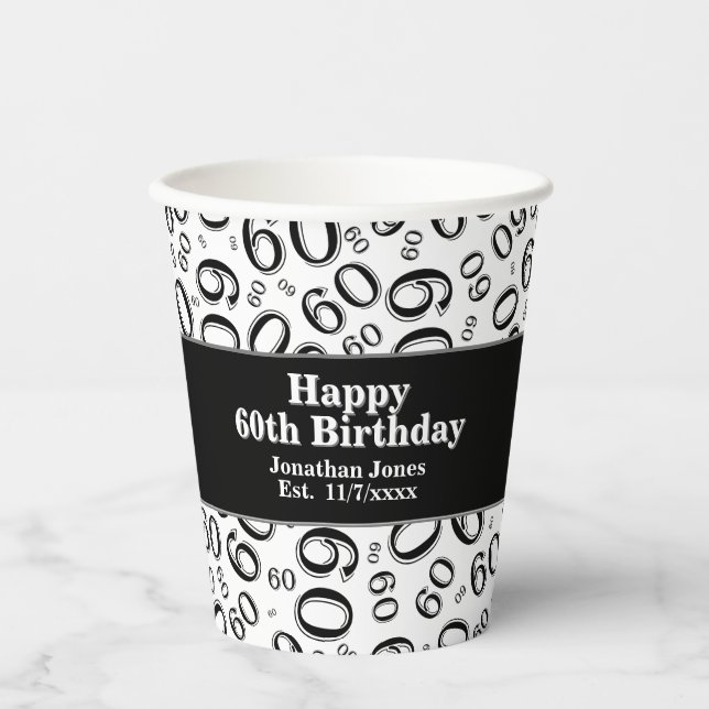 60. Geburtstag Schwarz/Weiß Random Zahlenmuster 60 Pappbecher (Vorderseite)
