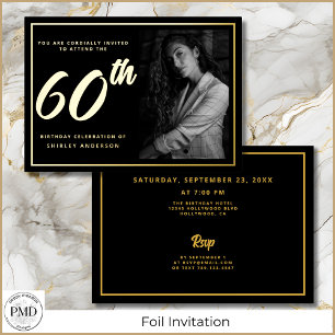 60. Geburtstag Schwarzes Gold Elegantes Foto Folieneinladung