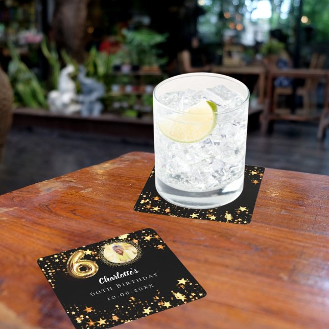 60. Geburtstag Schwarzes Gold Sterne Foto Rechteckiger Pappuntersetzer (Von Creator hochgeladen)