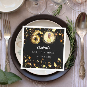 60. Geburtstag Schwarzes Gold Sterne Foto Serviette