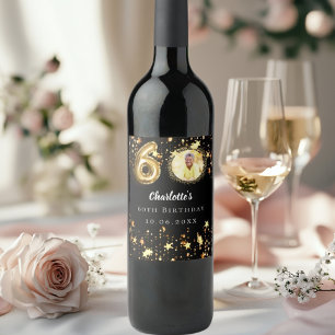 60. Geburtstag Schwarzes Gold Sterne Foto Weinetikett