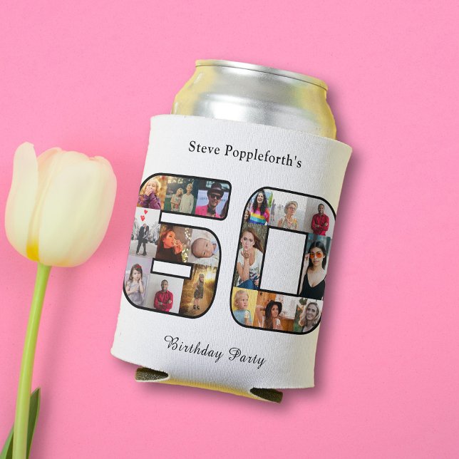 60. Geburtstag sechzig FotoCollage weiß Dosenkühler (60th birthday white can cooler with 60 photo collage template.)