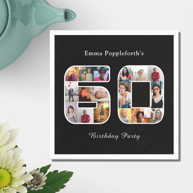 60. Geburtstag Sechziges FotoCollage Schwarz-weiß Serviette (60th birthday party paper napkin. black with white text and photo collage template.)