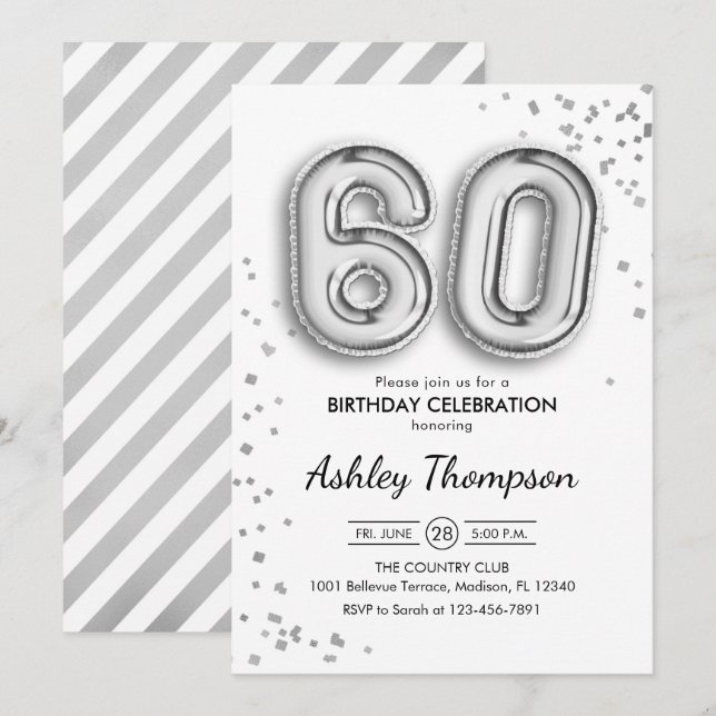 60. Geburtstag - Silberballons Einladung (Vorne/Hinten)