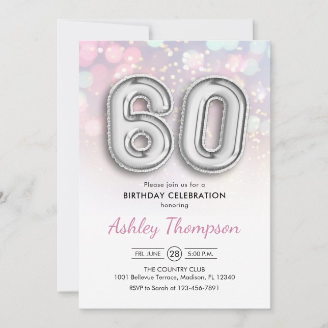 60. Geburtstag - Silberballons Rosa Lichter Einladung (Vorderseite)