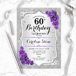 60. Geburtstag - Silberstreifen Lila Rose Einladung<br><div class="desc">Einladung zum 60. Geburtstag. Elegantes Blumendesign in Silber und lila. Features Imitate Glitzer silberne Streifen,  lila Rose stilvolle Skript-Schriftart und Konfetti. Ideal für eine gläserne Geburtstagsfeier.</div>
