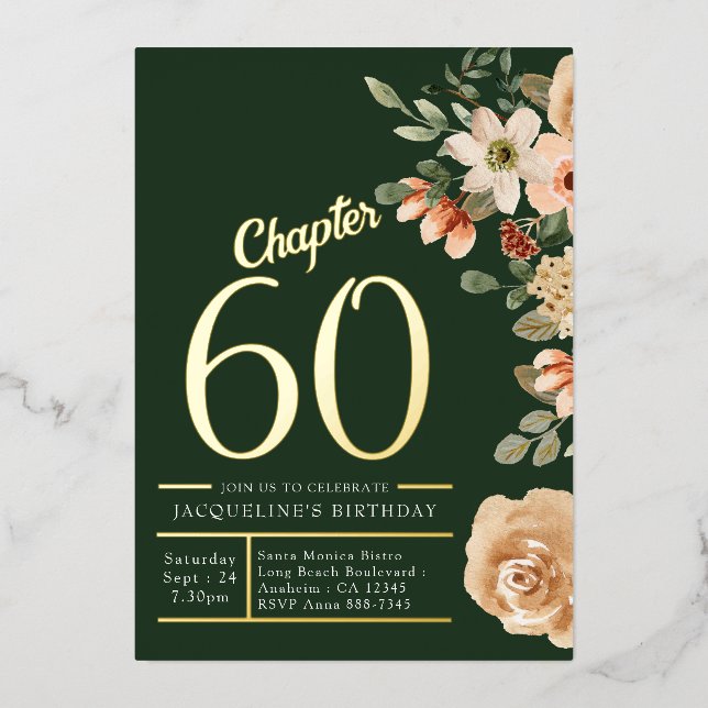 60. Geburtstag Vintag grünes Blumengold Folieneinladung (Vorderseite)
