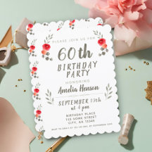 60. Geburtstag Wasserfarben Rose Twig Floral